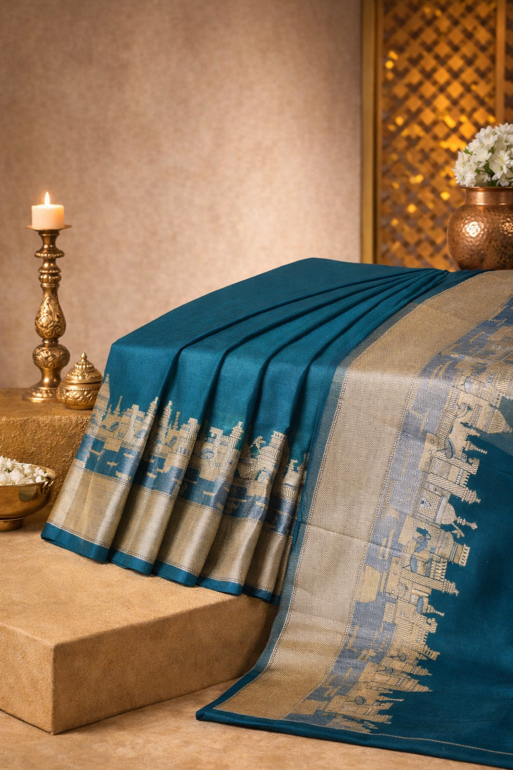 "UTSAV BANARAS 003E" Banarasi Teal Blue Kashi Ghat Pattern Silk Saree With Pictorial Border
