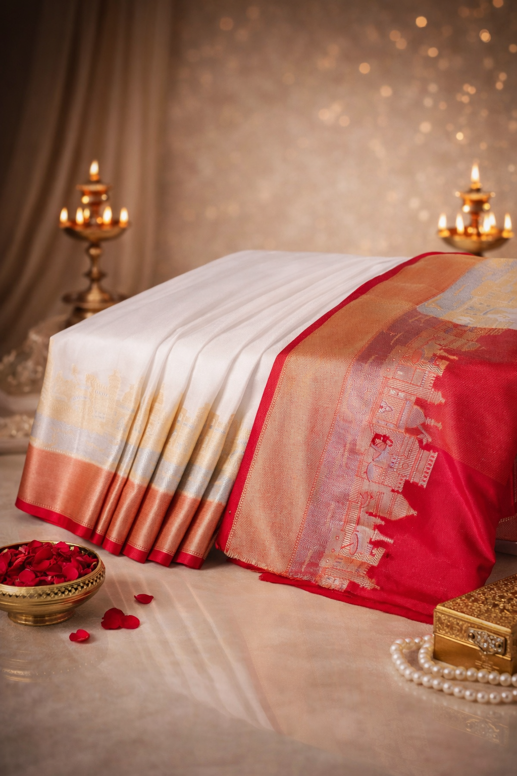 "UTSAV BANARAS 003G" Banarasi White Kashi Ghat Pattern Silk Saree