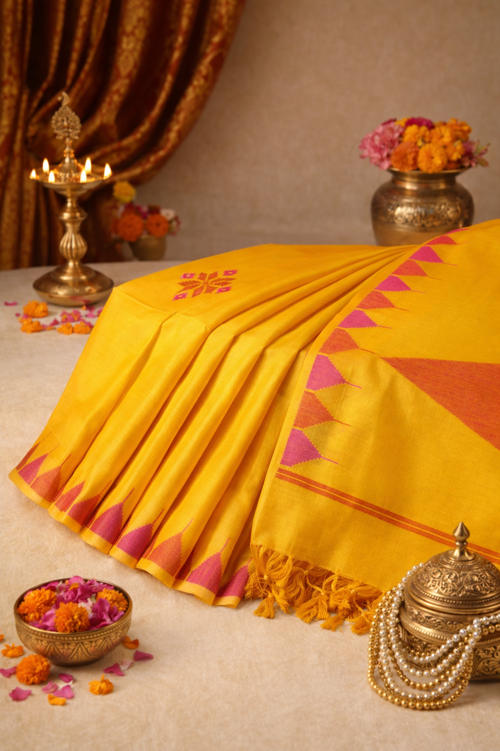 "UTSAV BANARAS 210" Banarasi Mustard Cotton Silk With Temple Border Saree