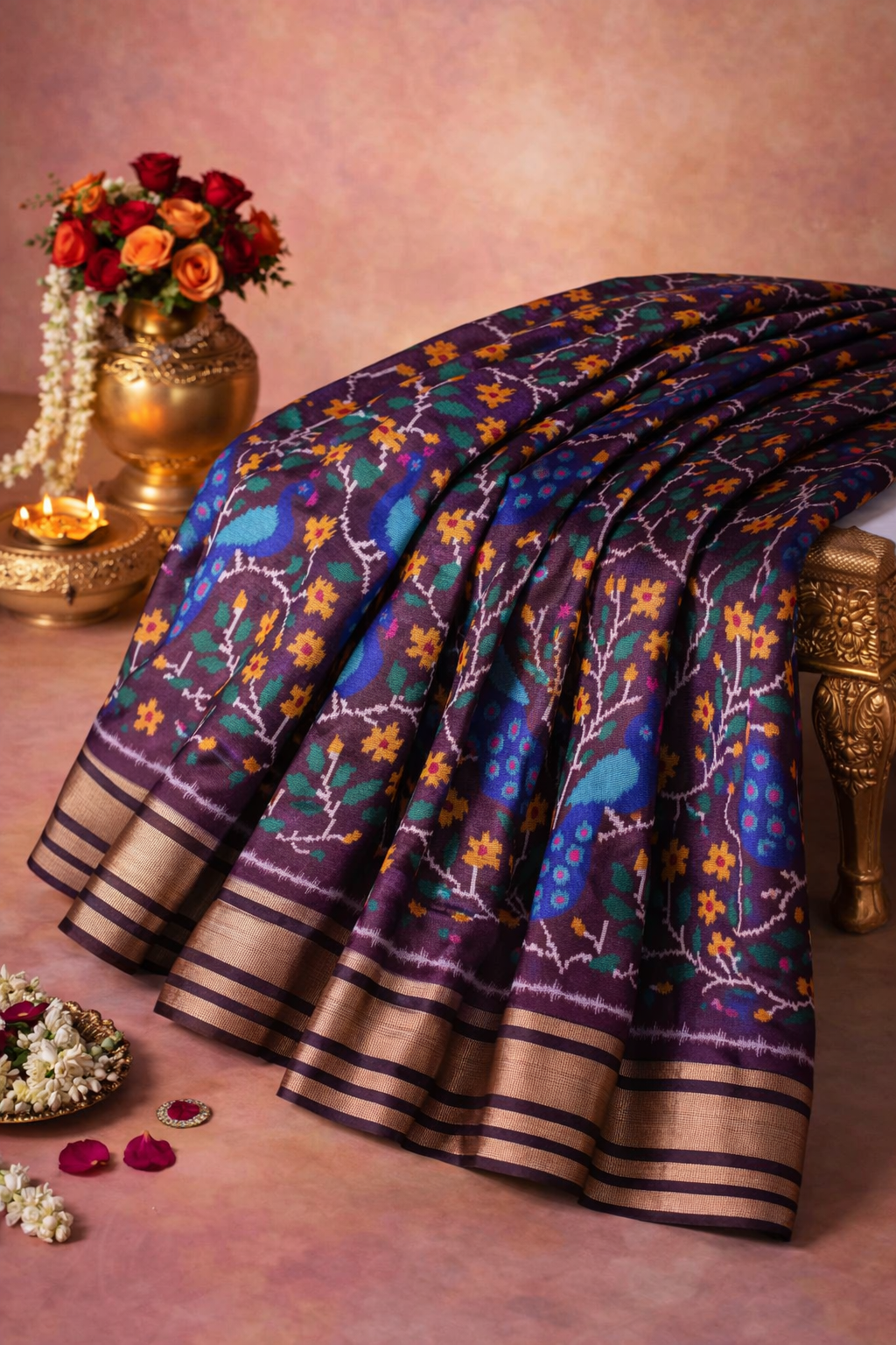 "UTSAV BANARAS 261" Banarasi Magenta "Panghat" Silk Saree with Patola Weave Peacocks
