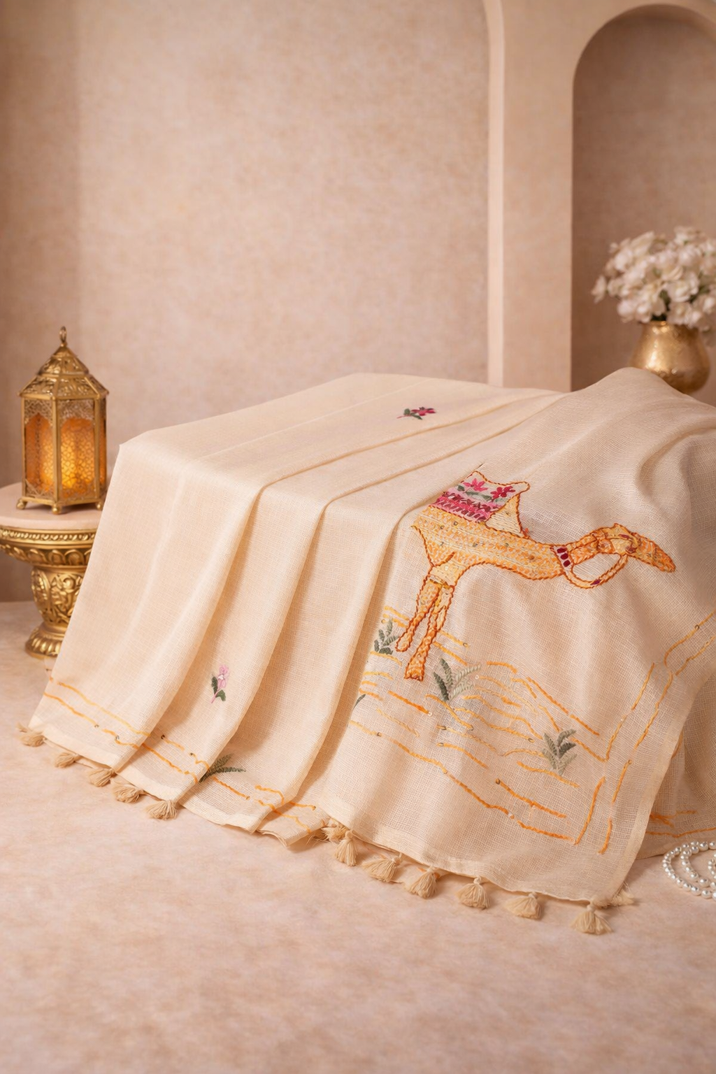 "UTSAV BANARAS 341" Banarasi Cream Munga Silk Saree With Multicolored Camel Applique Embroidery