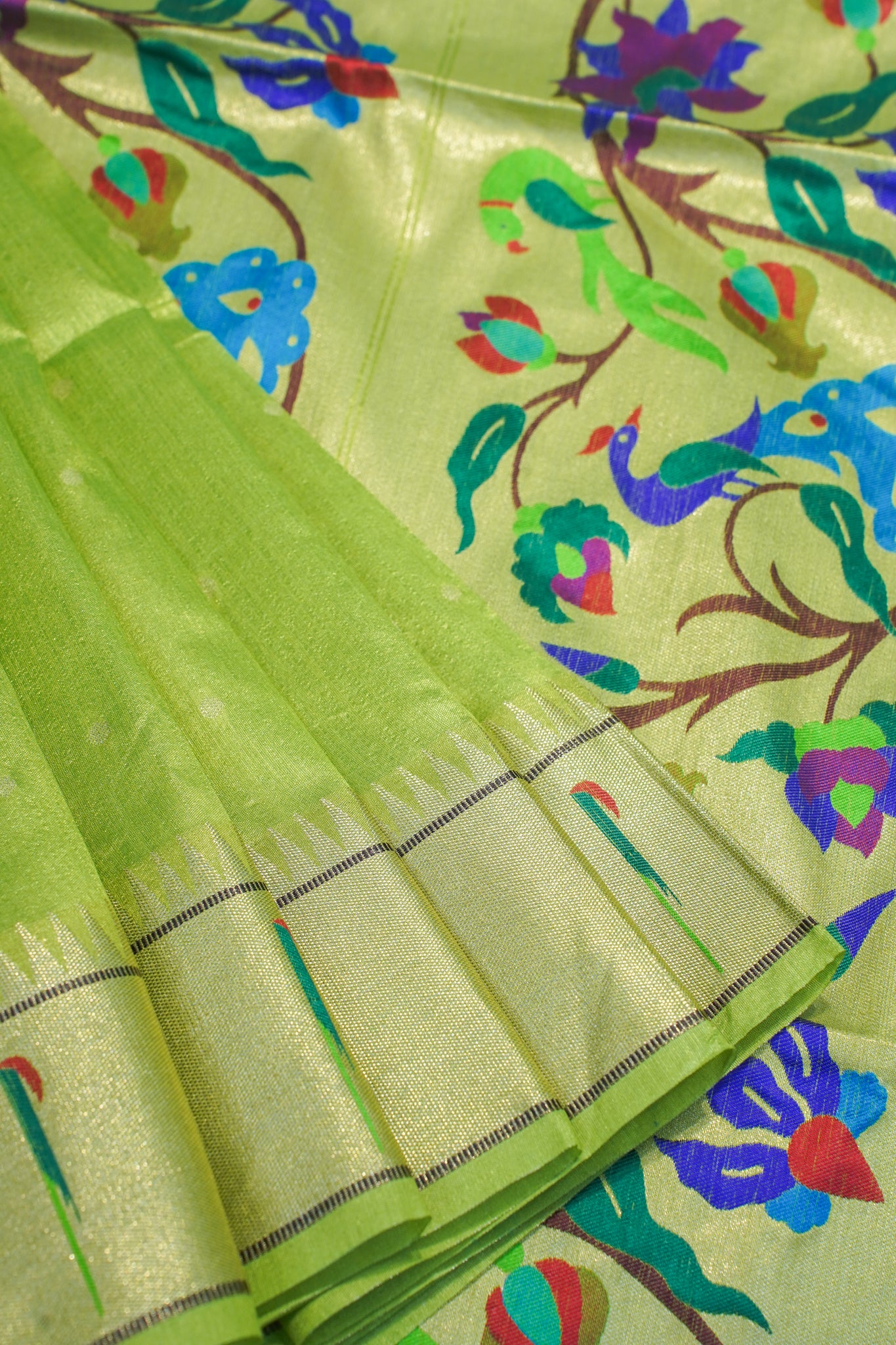 "UTSAV BANARAS 255" Parrot Green Banarasi Paithani Silk Saree With Peacock Motif
