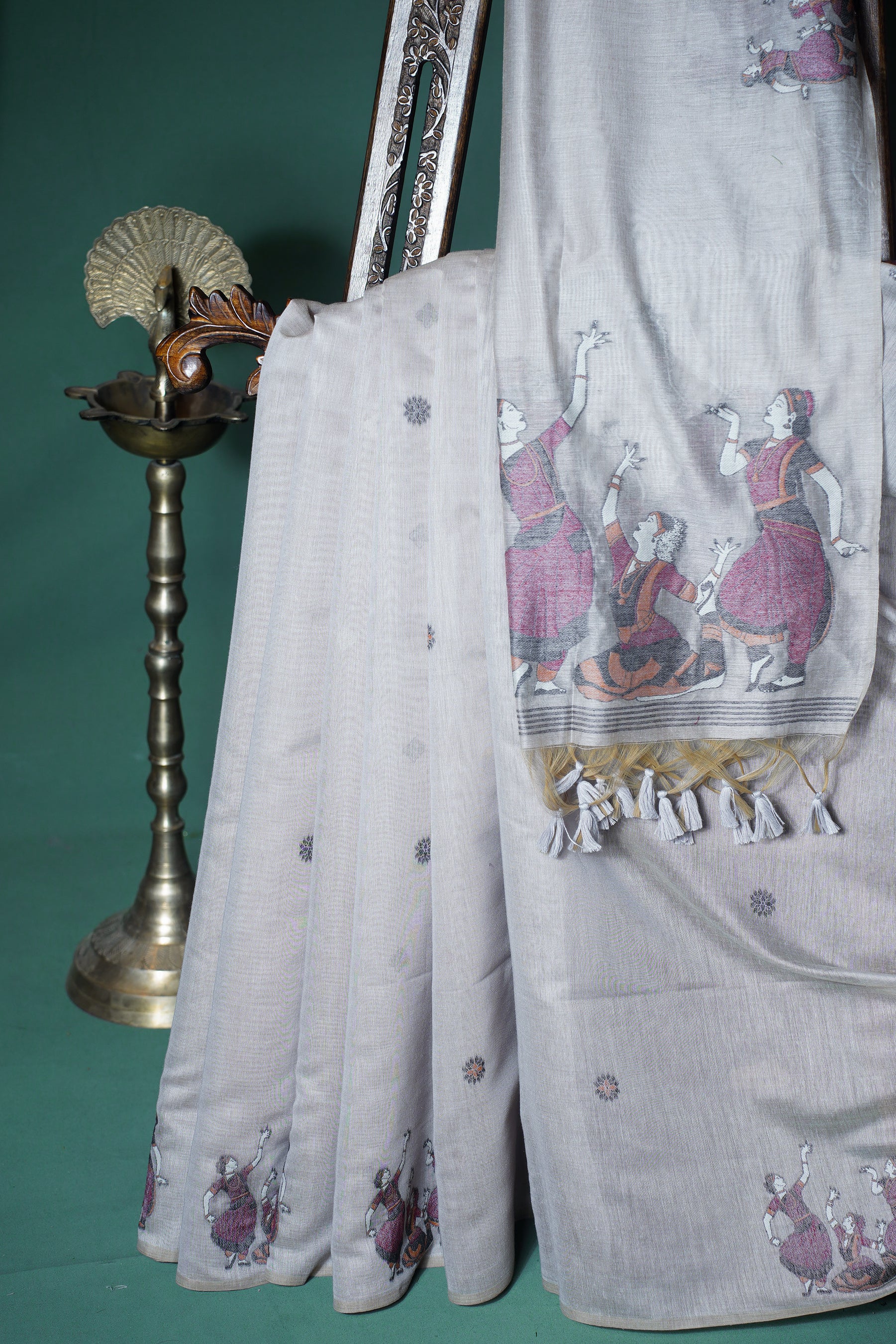 "UTSAV BANARAS 304" Banarasi Sorrel Brown Chanderi Jamdani Silk Saree with Classical Dance Motifs