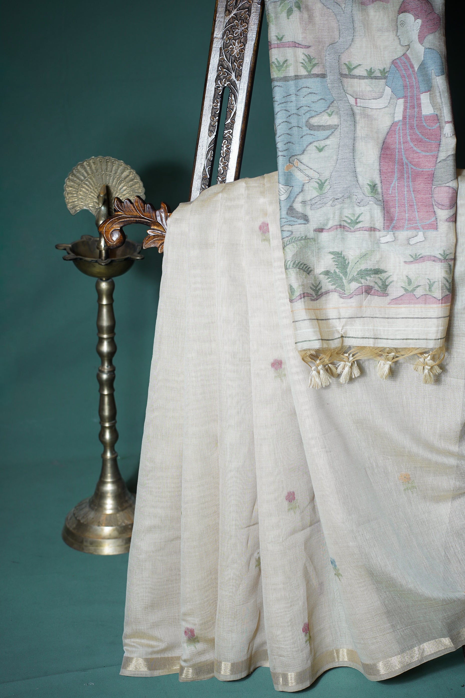 "UTSAV BANARAS 306" Banarasi Chikoo Beige Chanderi Jamdani Silk Saree with Village Narrative Pallu