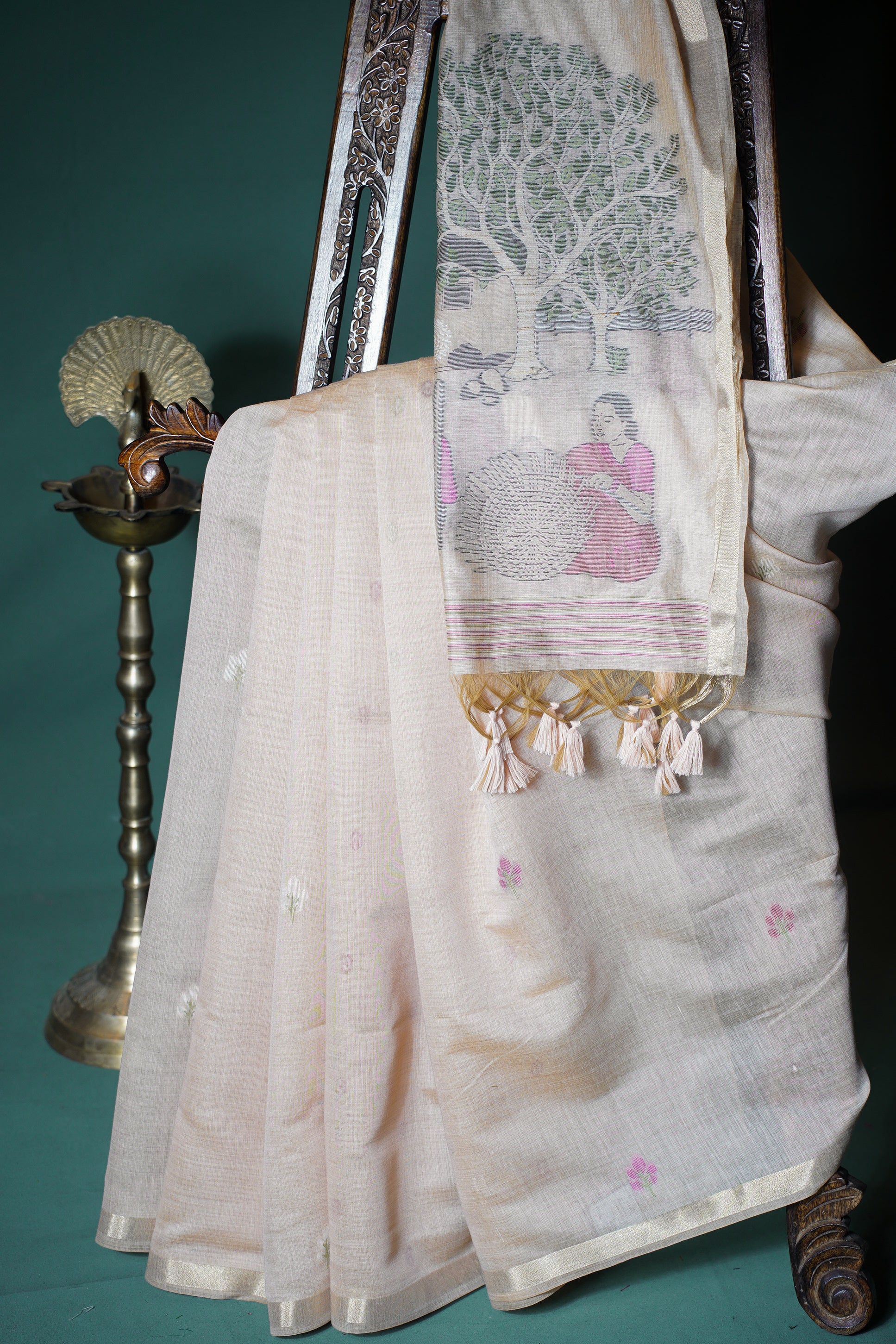 "UTSAV BANARAS 308" Banarasi Chikoo Beige Chanderi Jamdani Saree with Village Life Narrative