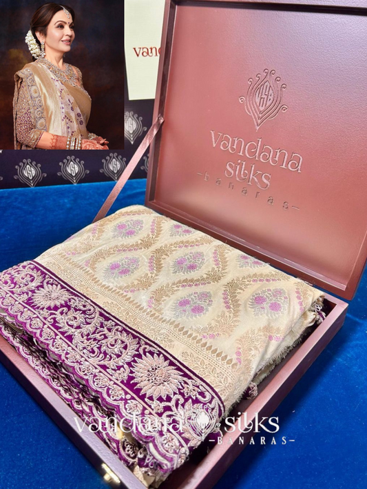 "VIRASAT 211" Banarasi Malda Silk Saree: With Maharani Blouse And Kashmiri Zardozi Embroidary