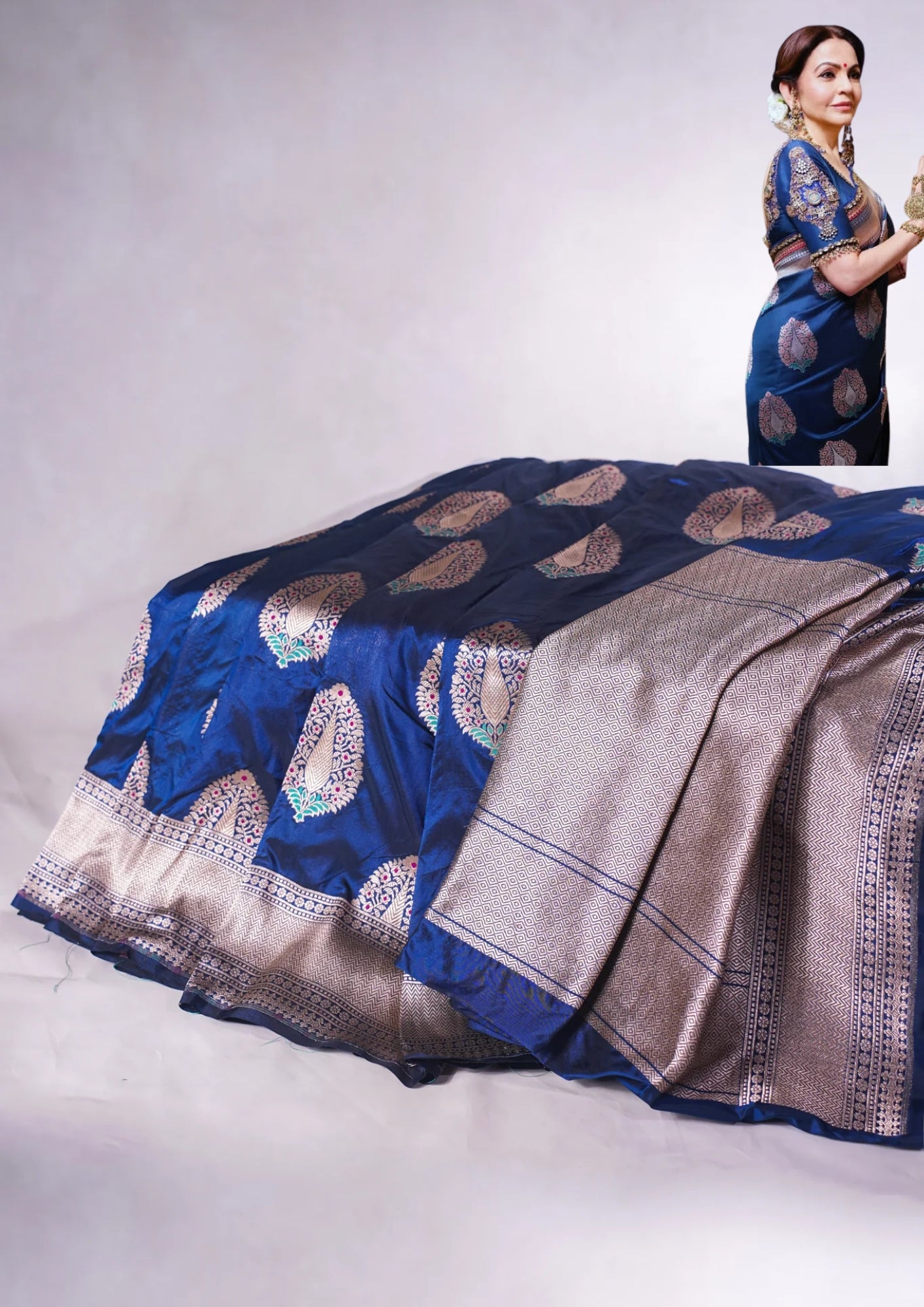 "VIRASAT 03A" Banarasi Royal Blue Pure Handloom Katan Silk Saree Featuring All Over Meenakari Buta Motifs (Celebrity Edition)