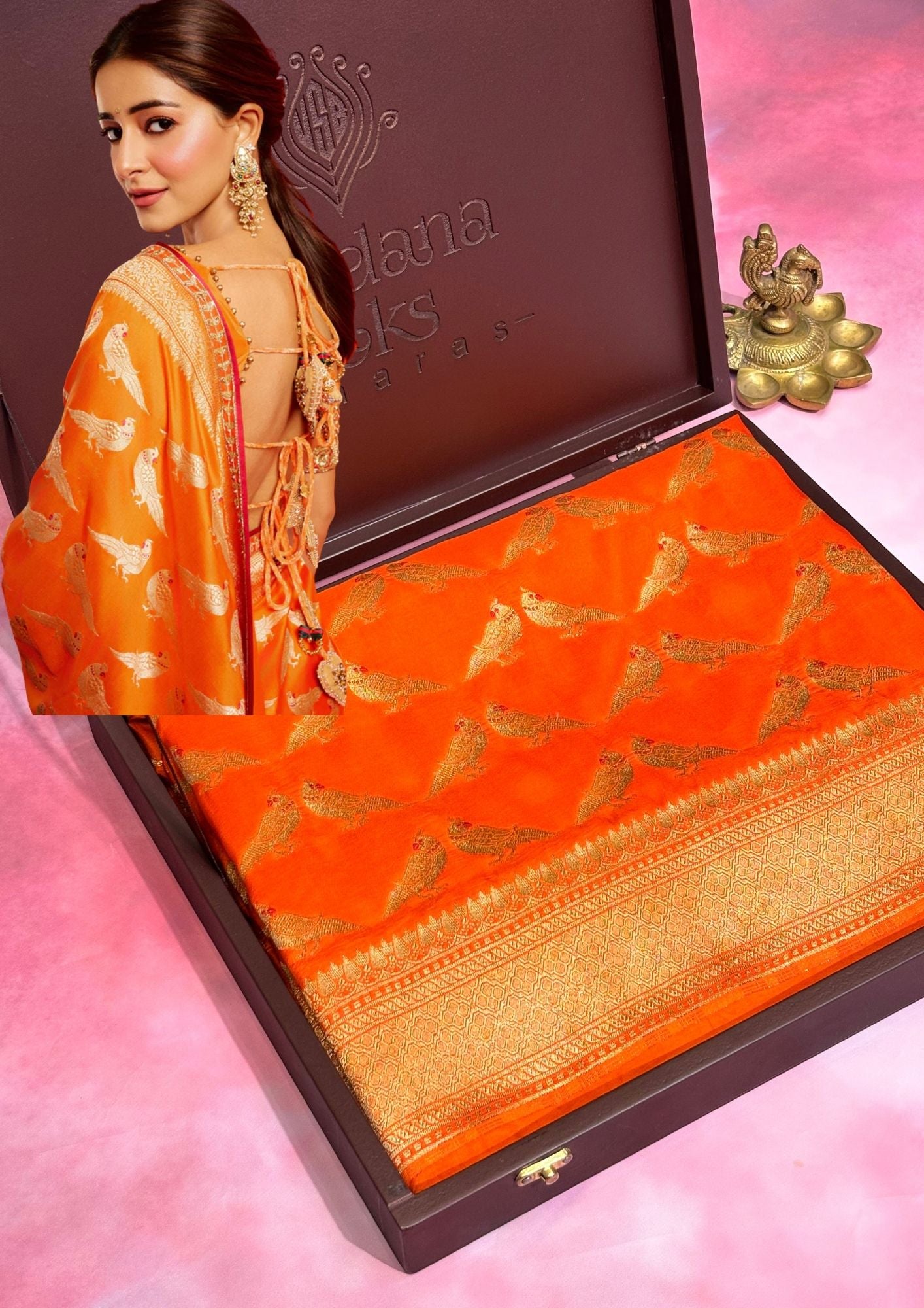 Founder Choice 060: Hot Orange Pure Katan Silk Saree with Meenakari Parrot Jaal Motifs With Silk Mark