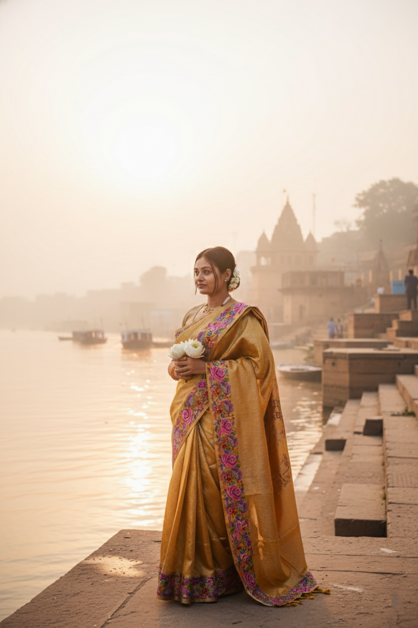 "VIRASAT 275" Banarasi Gold Brocade Kanjivaram Silk Saree with Stunning Meenkari Border