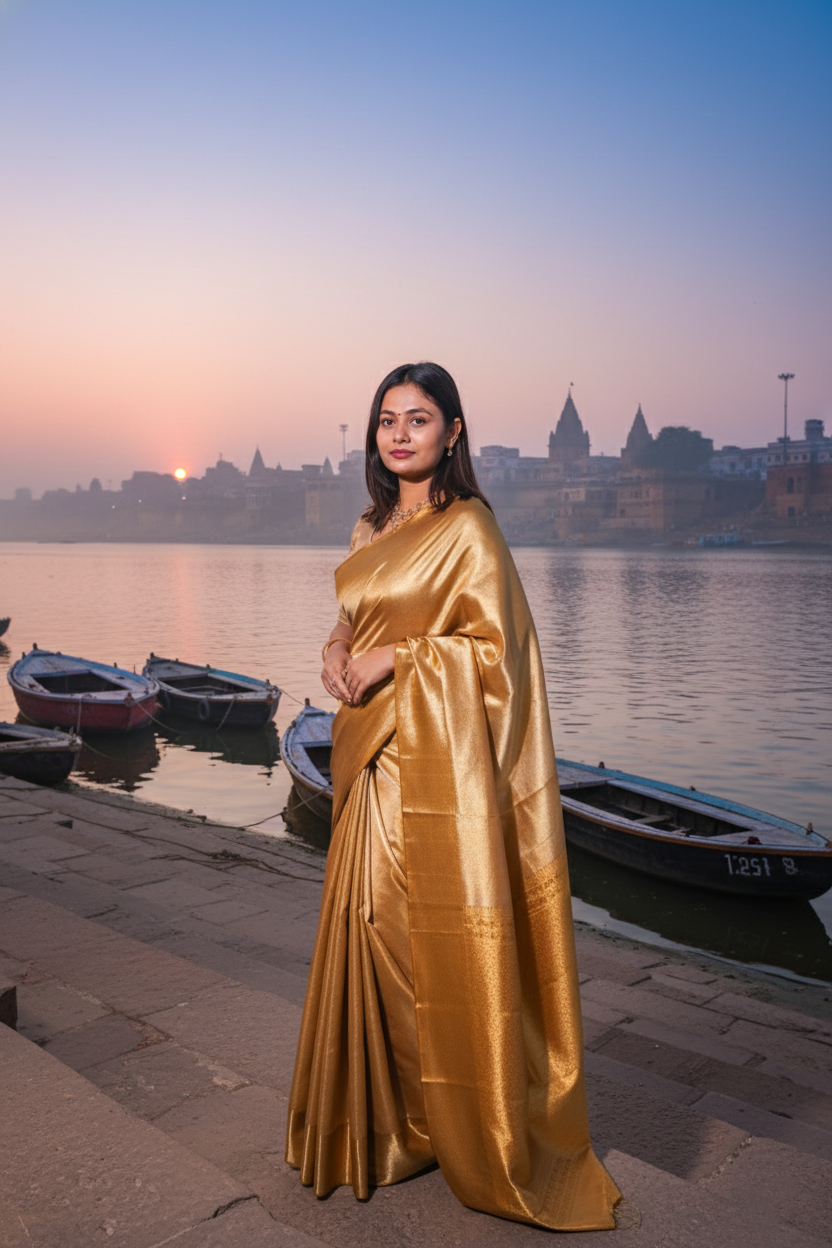 "VIRASAT 277" Beautiful Golden Pure Kanjivaram Silk Saree
