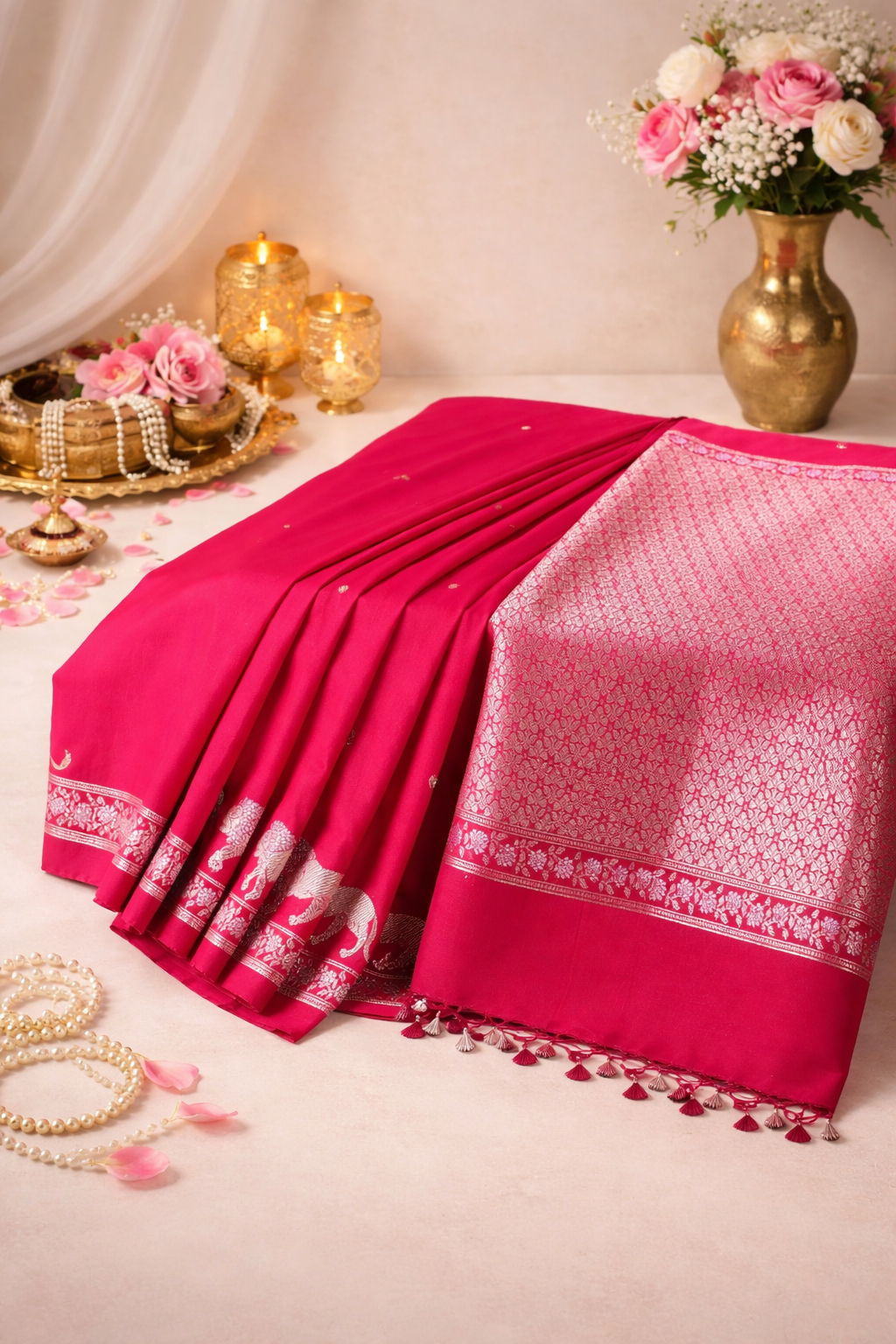 "WAAH BANARAS 111" Banarasi Red Mango Raw Silk Saree With Silver Zari Lion Motifs