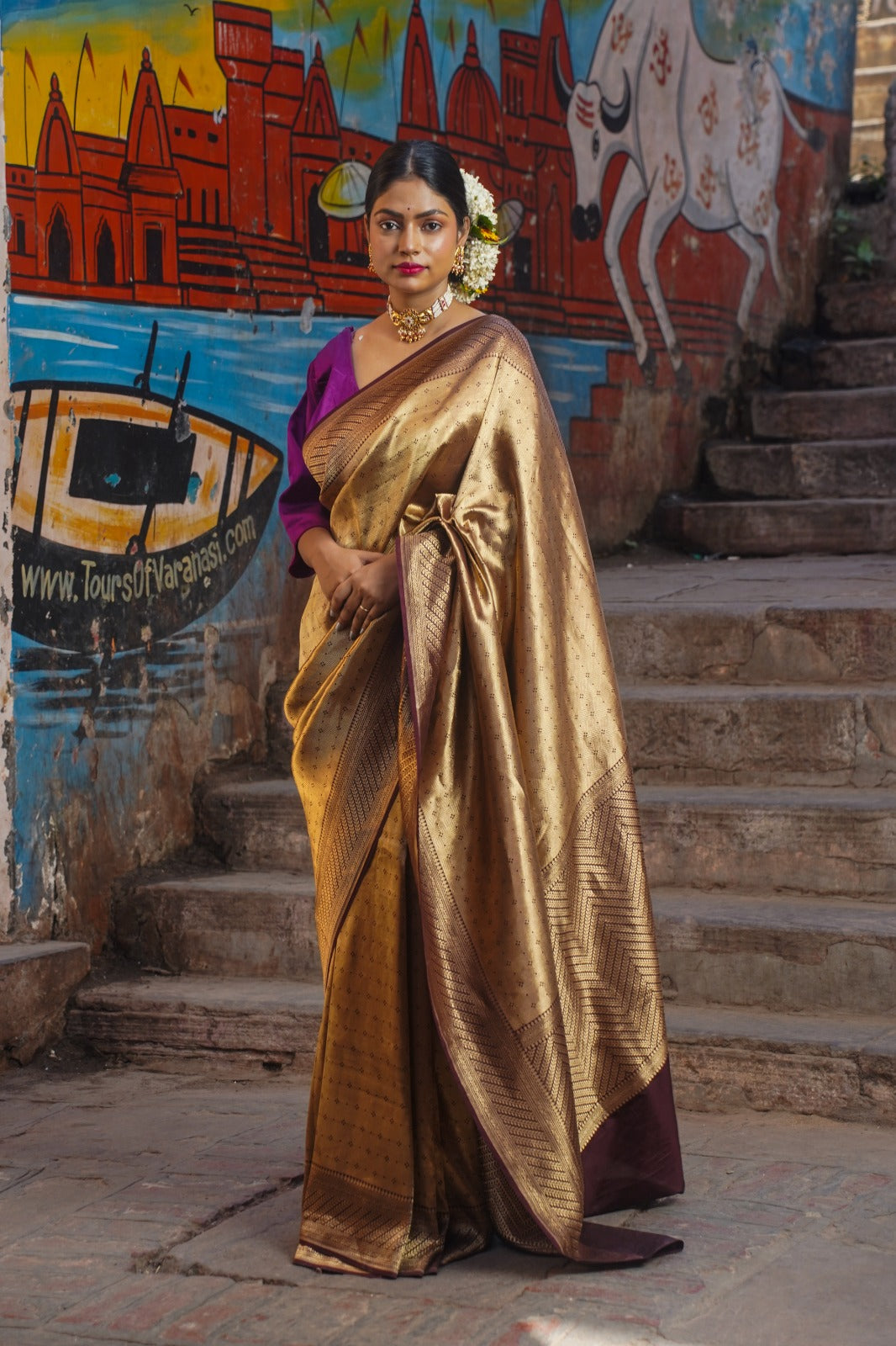 Mahavidya Handwoven Golden Banarasi Katan Silk Saree