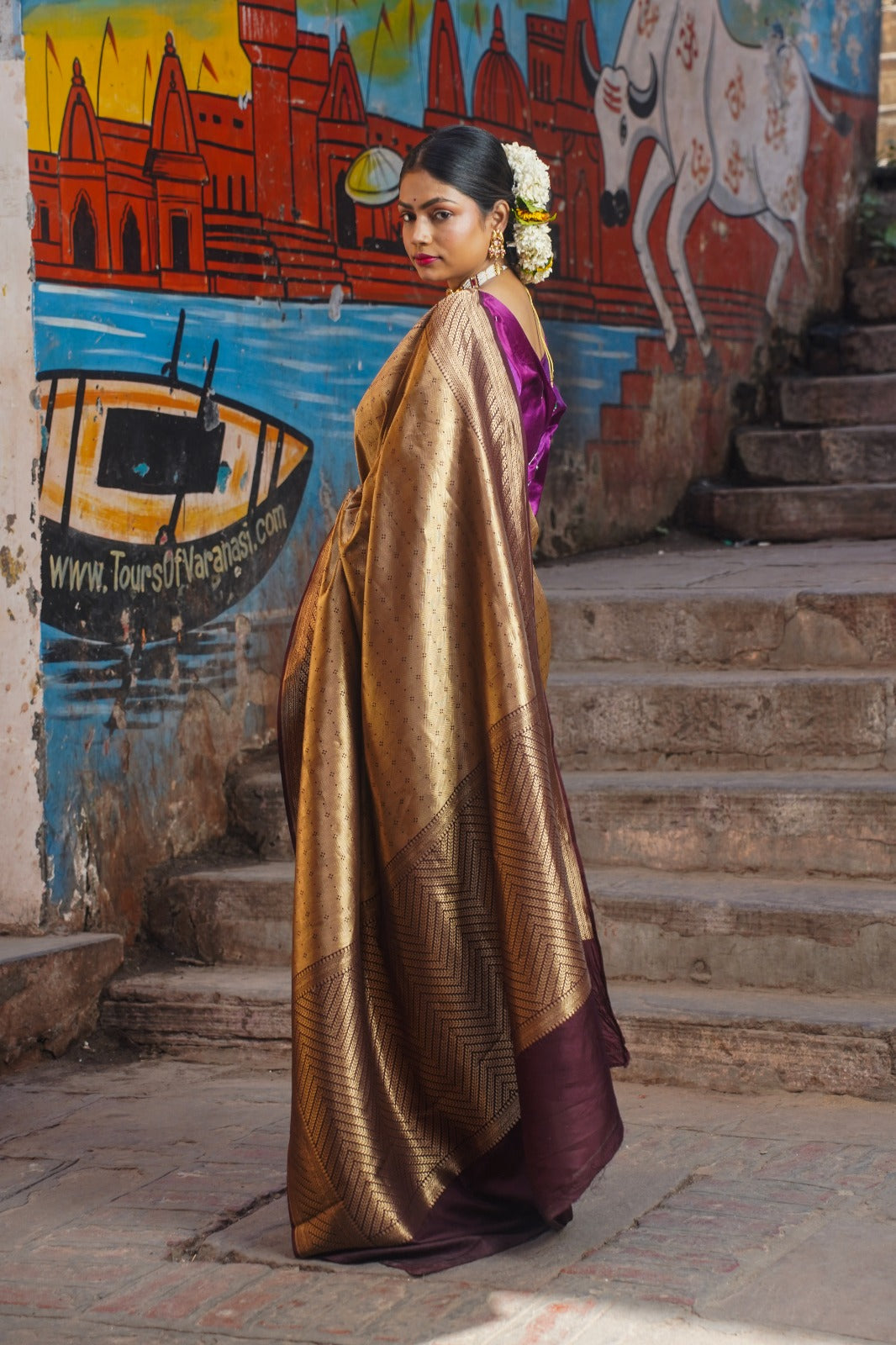 Mahavidya Handwoven Golden Banarasi Katan Silk Saree