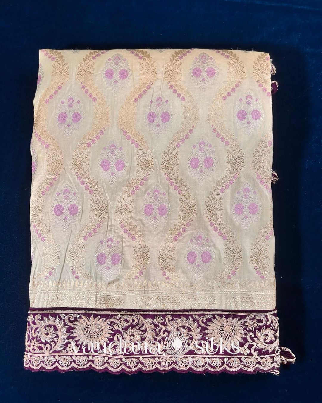"VIRASAT 211" Banarasi Malda Silk Saree: With Maharani Blouse And Kashmiri Zardozi Embroidary