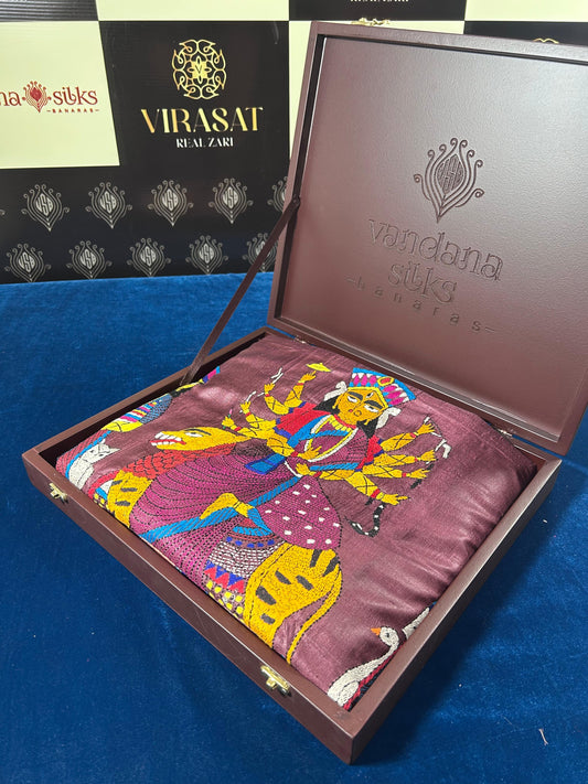 "Mukh- Nirmalika" Brown Pure Silk Hand Kantha Work Saree