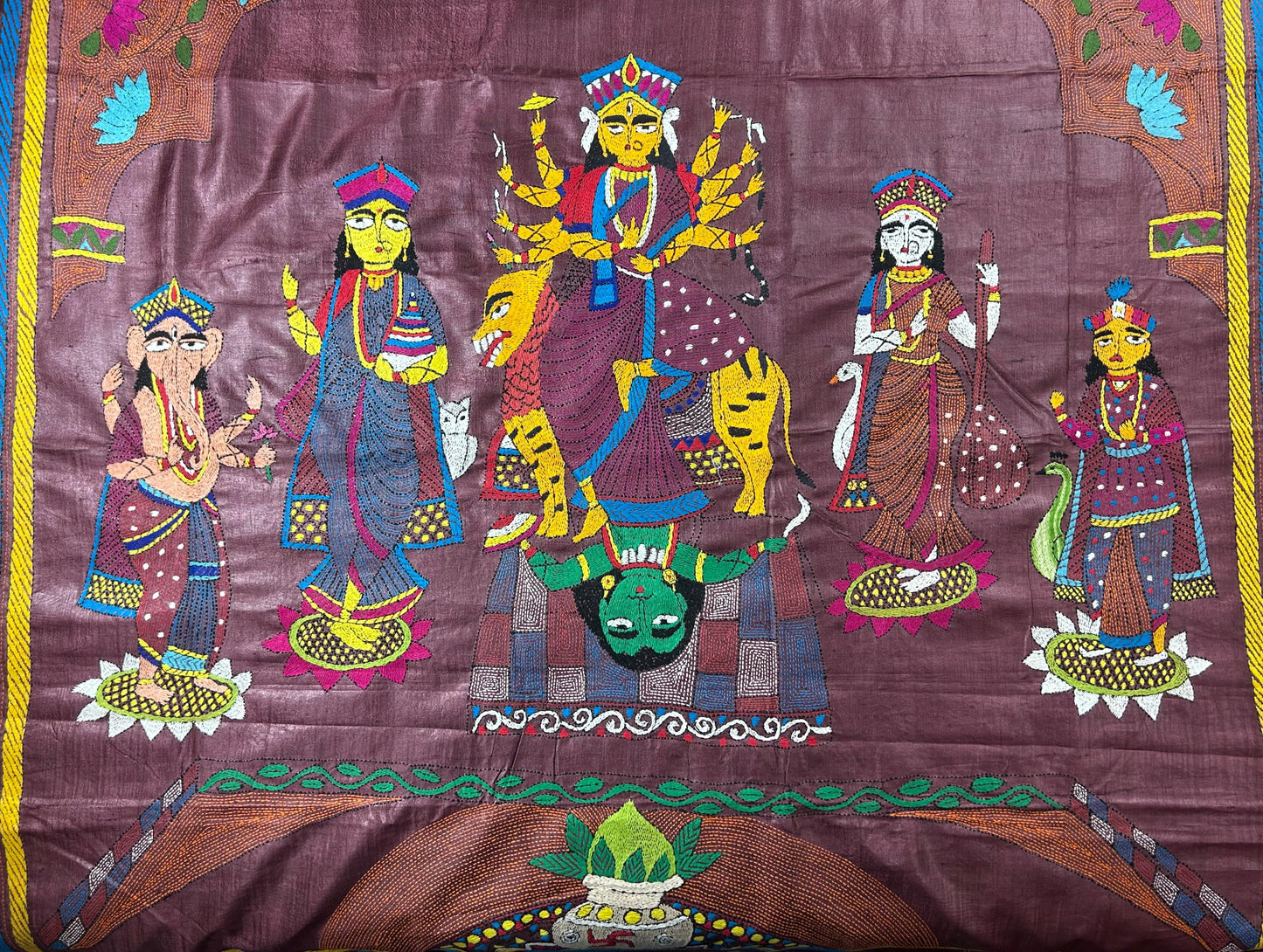 "Mukh- Nirmalika" Brown Pure Silk Hand Kantha Work Saree