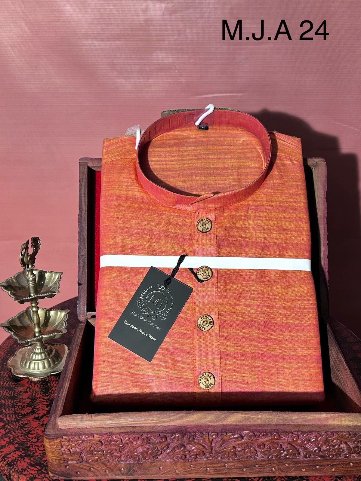 M.J.A 24 Orange Handloom Cotton Men’s Kurta with Wooden Buttons