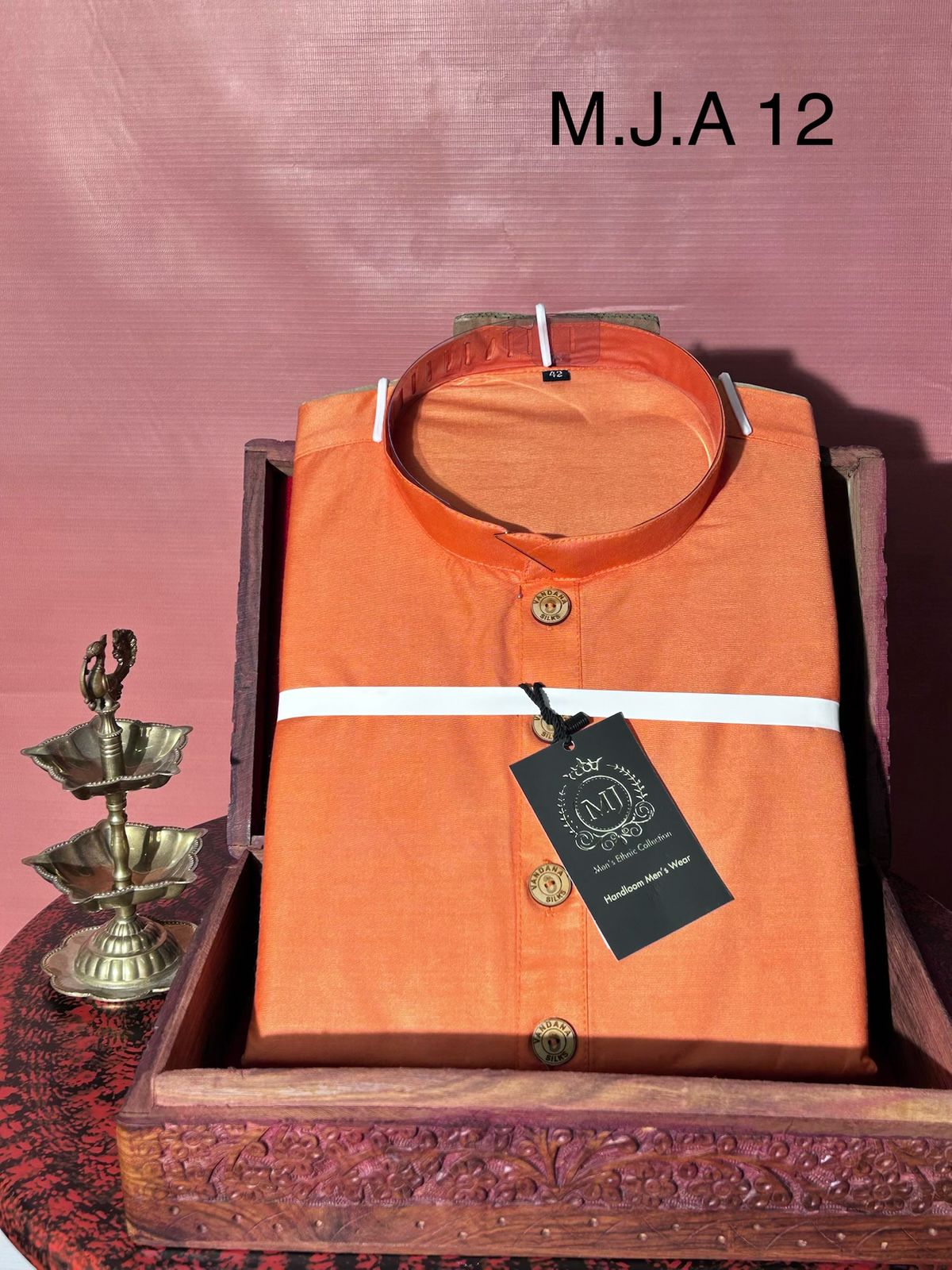 M.J.A 12 Tangerine Orange Handloom Cotton Men’s Kurta with Wooden Buttons