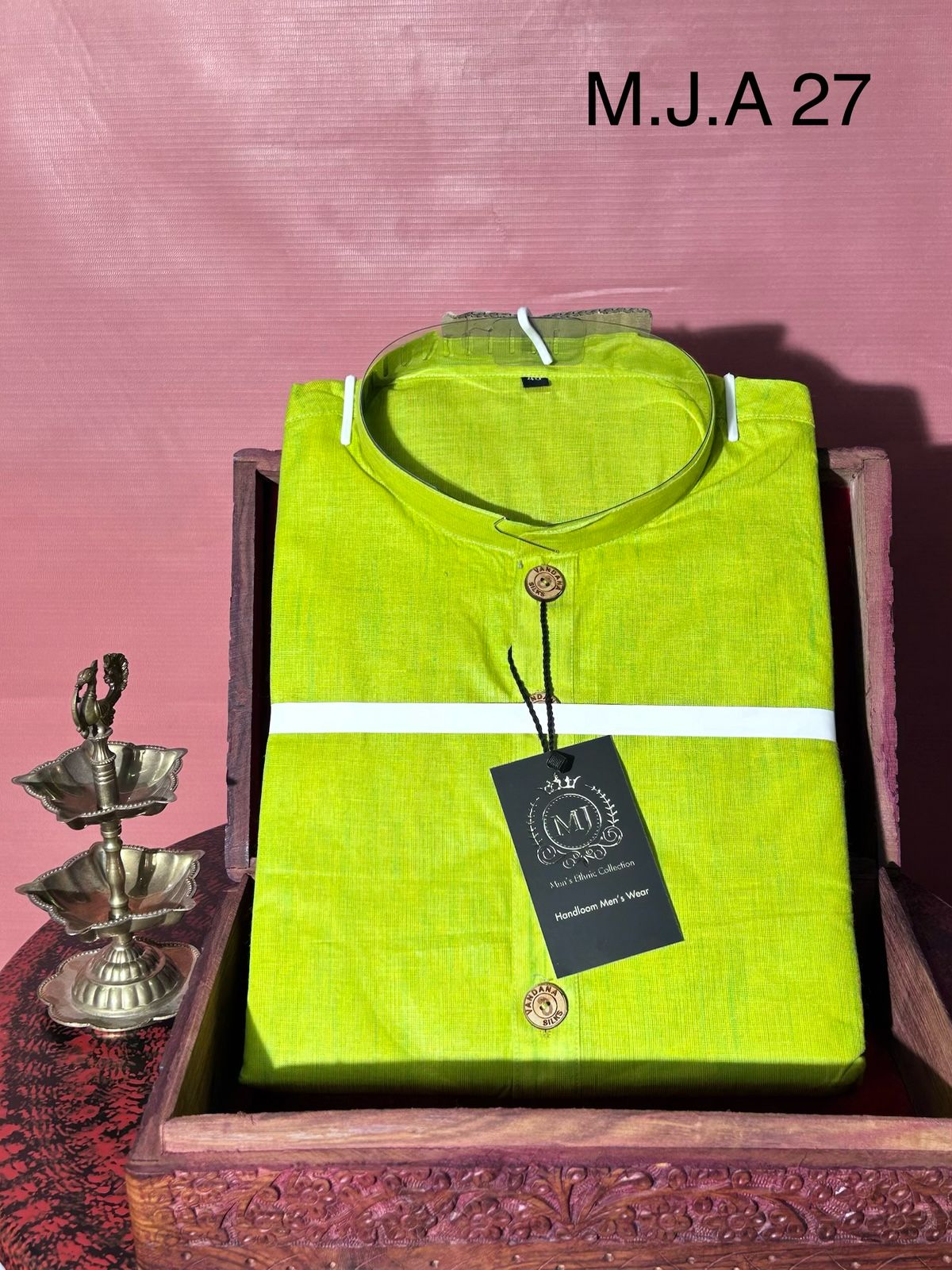 M.J.A 27 Neon Green Handloom Cotton Men’s Kurta with Wooden Buttons