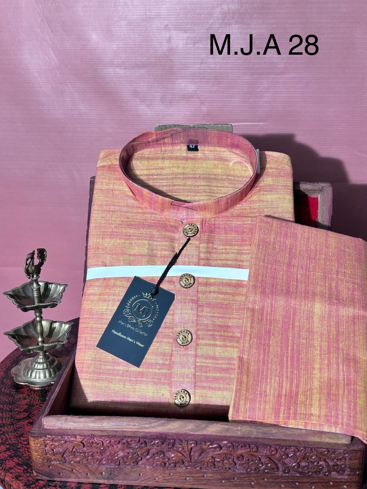 M.J.A 28 Dual Orange Handloom Cotton Men’s Kurta Pajama Set with Wooden Buttons