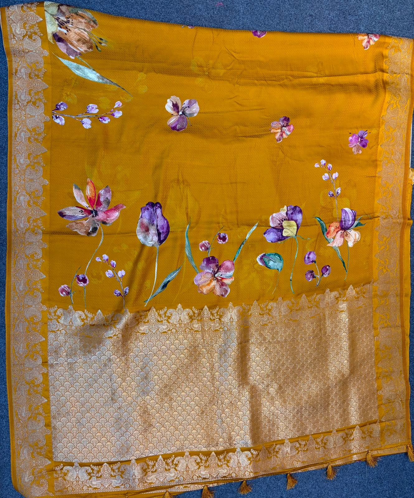 WAAH BANARAS 179: Banarasi Crape Saree with Digital Floral Print & Zari Border and Palla | Mustard Yellow