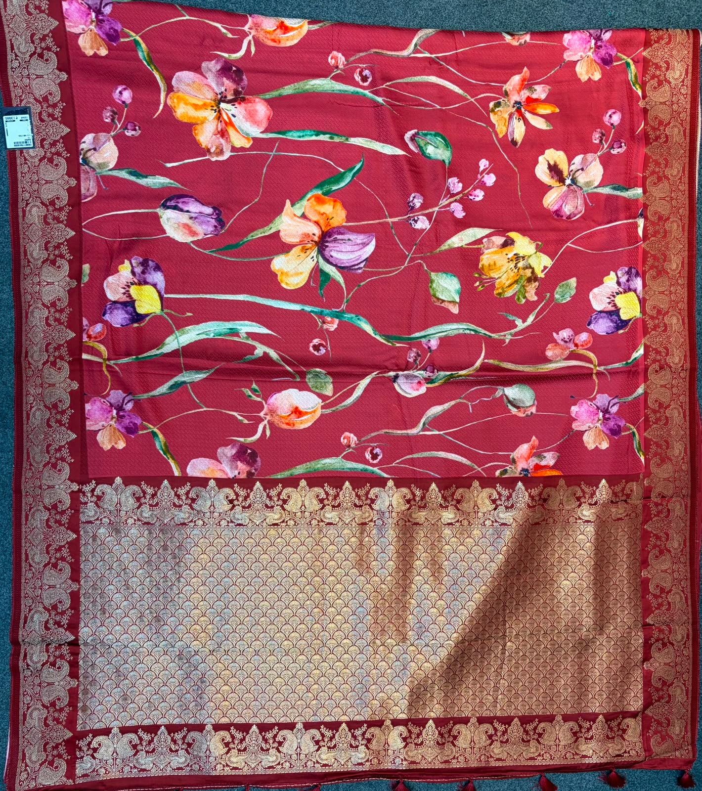 WAAH BANARAS 179D: Banarasi Crape Saree with Digital Floral Print & Zari Border and Palla | Reach Maroon