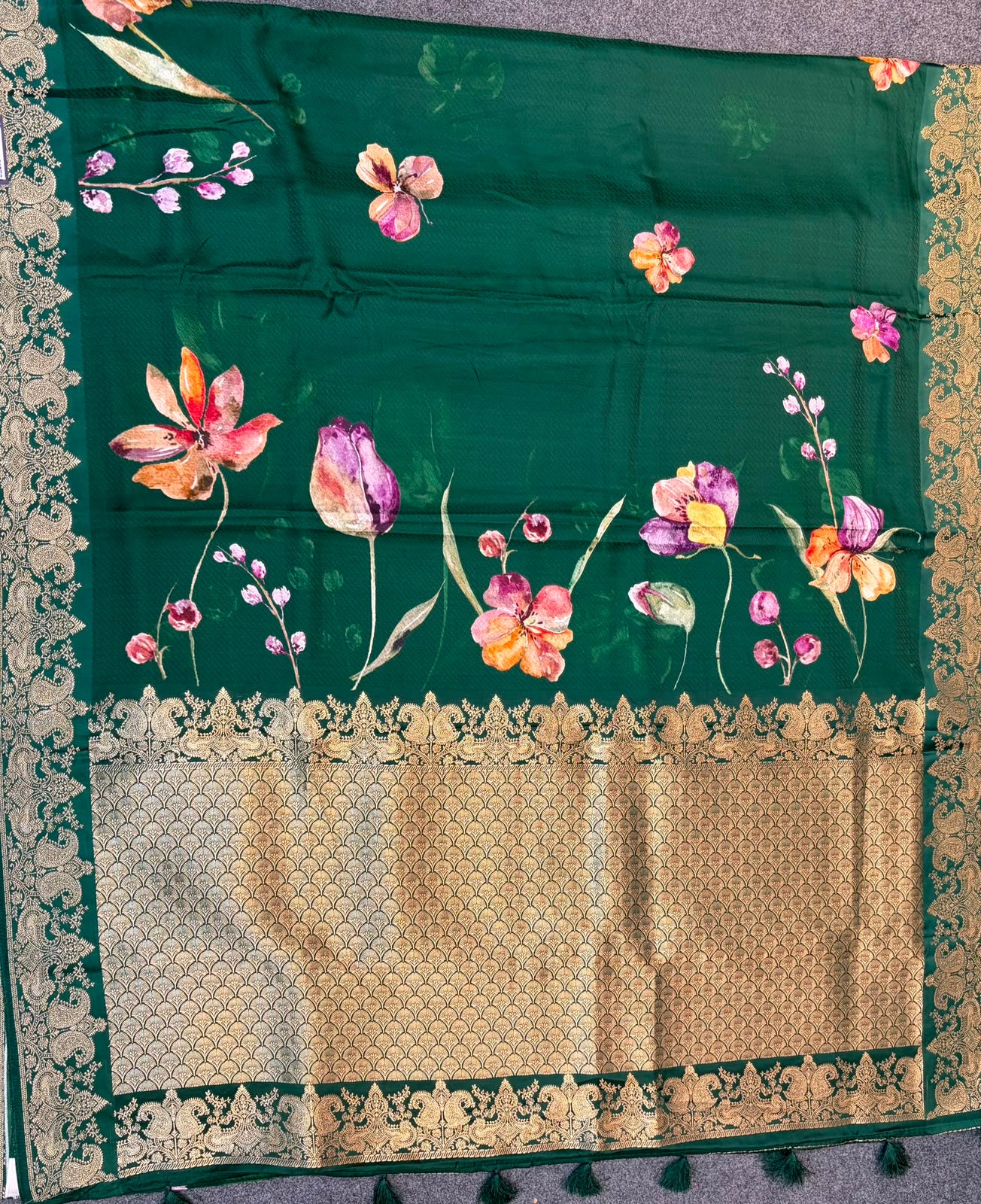 WAAH BANARAS 179A:Banarasi Crape Saree with Digital Floral Print & Zari Border and Palla | Bottle Green