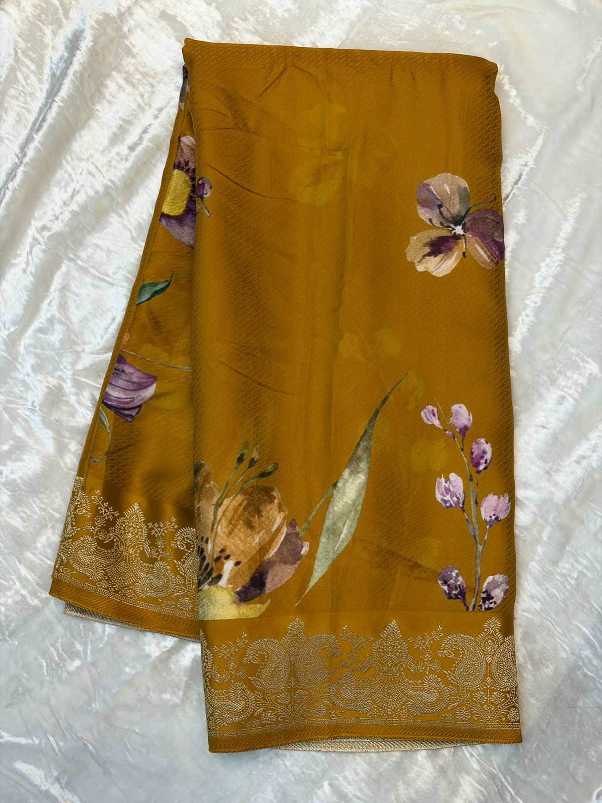 WAAH BANARAS 179: Banarasi Crape Saree with Digital Floral Print & Zari Border and Palla | Mustard Yellow