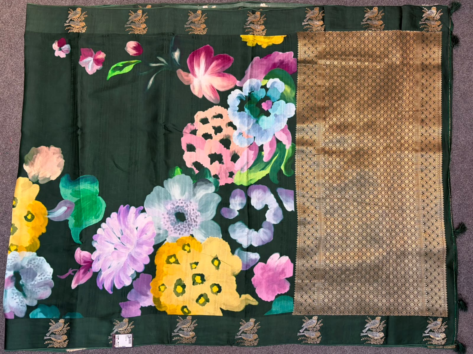WAAH BANARAS 177B: Banarasi Crape Saree with Digital Floral Print & Zari Border and Palla | Bottle Green