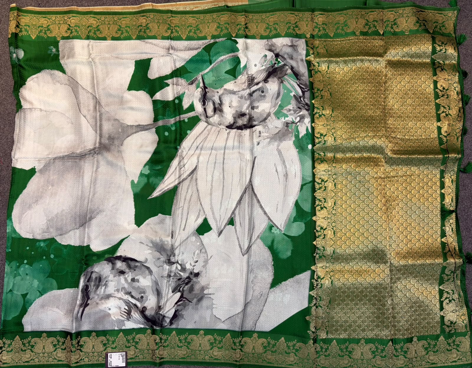 WAAH BANARAS 176B: Banarasi Crape Saree with Digital Floral Print & Zari Border and Palla | Bottle Green