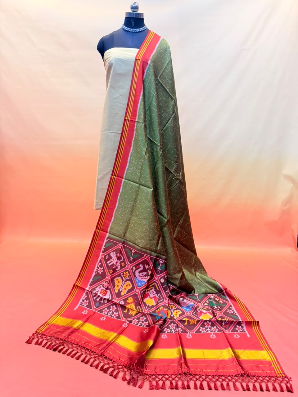 MCD 047 Glossy Green Patola Silk Dupatta With Tassels Standard Length