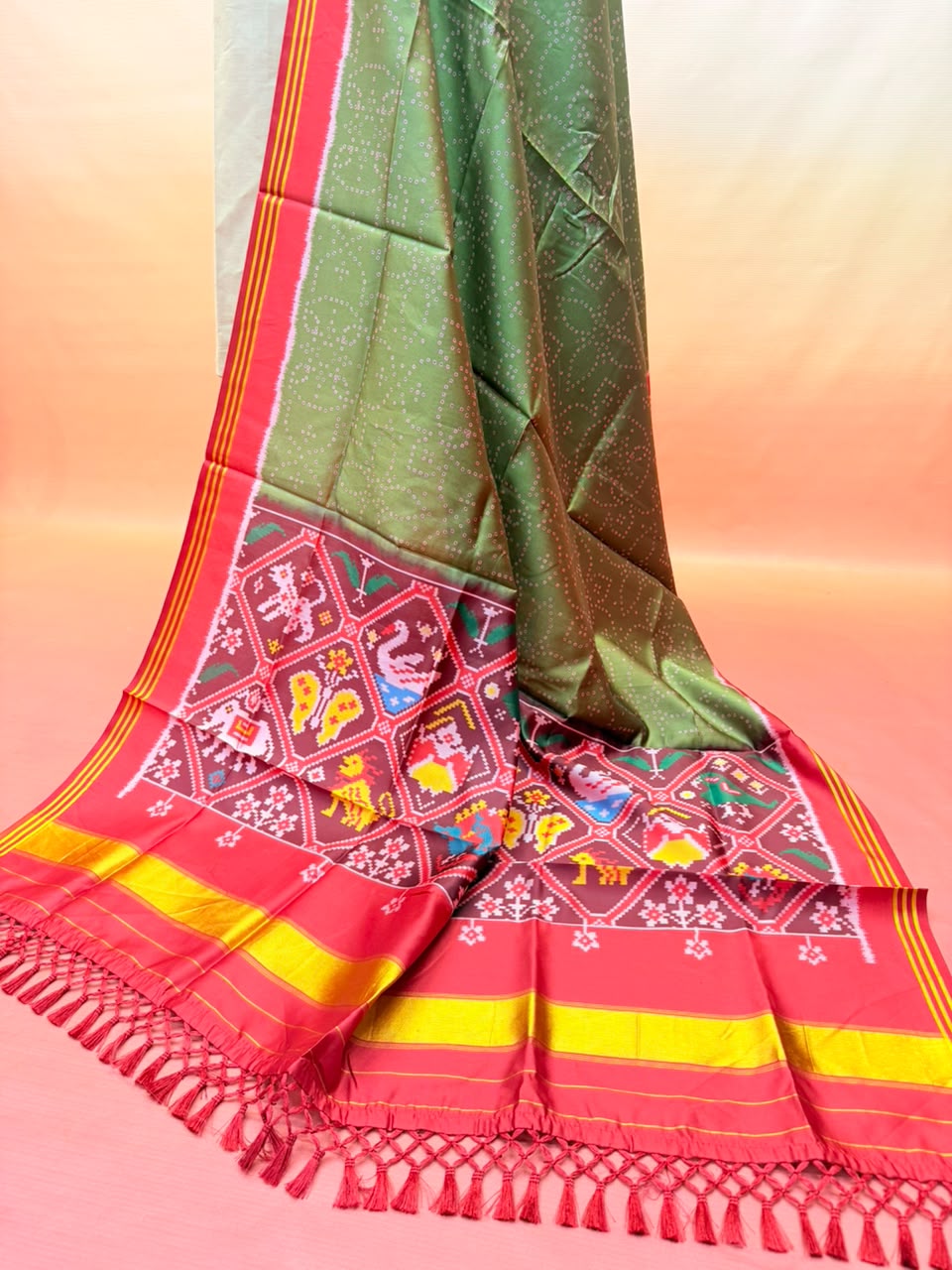 MCD 047 Glossy Green Patola Silk Dupatta With Tassels Standard Length