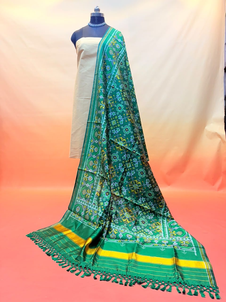 MCD 051 Rama Green Patola Silk Dupatta With Tassels & Standard Length