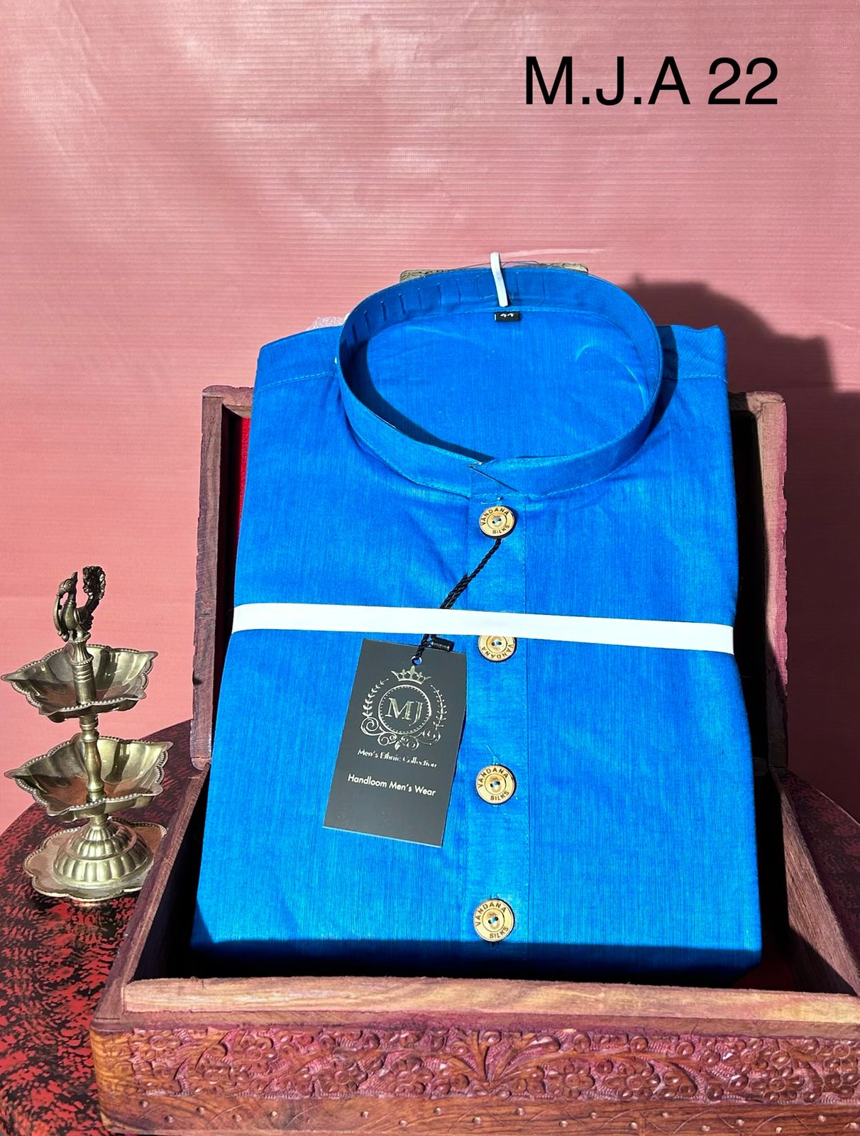 M.J.A 22 Azure Blue Handloom Cotton Men’s Kurta with Wooden Buttons