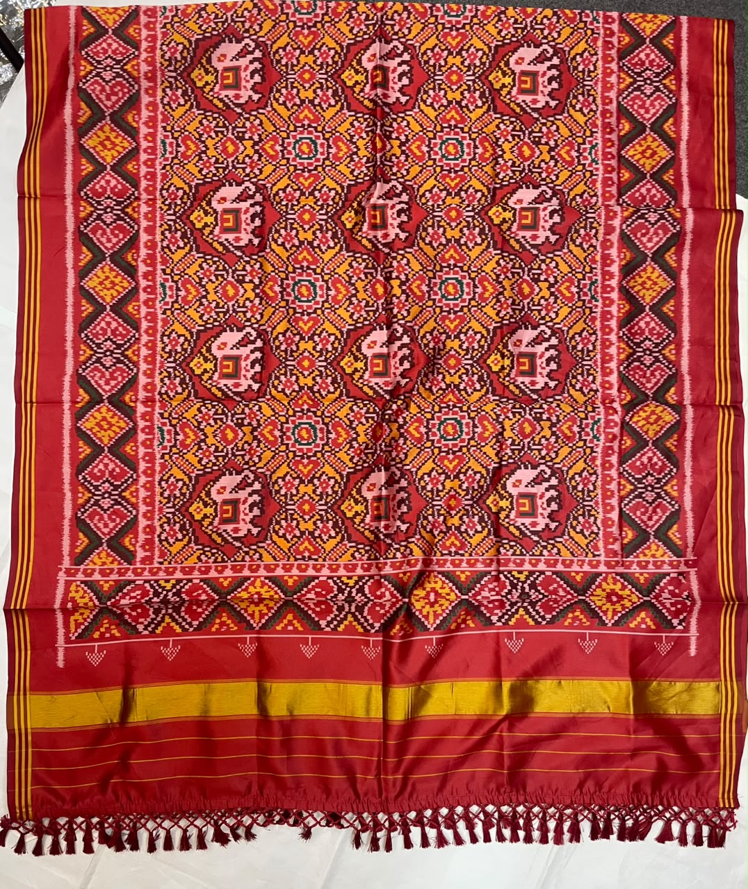 MCD 042: Maroon Red Patola Silk Dupatta With Tassels & Standard Length