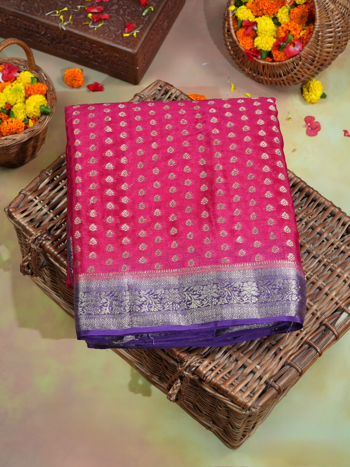 UTSAV Banaras 424D: Hot Pink Premium Mysore silk saree with Khaddi buti & Traditional Contrast Banarasi Border