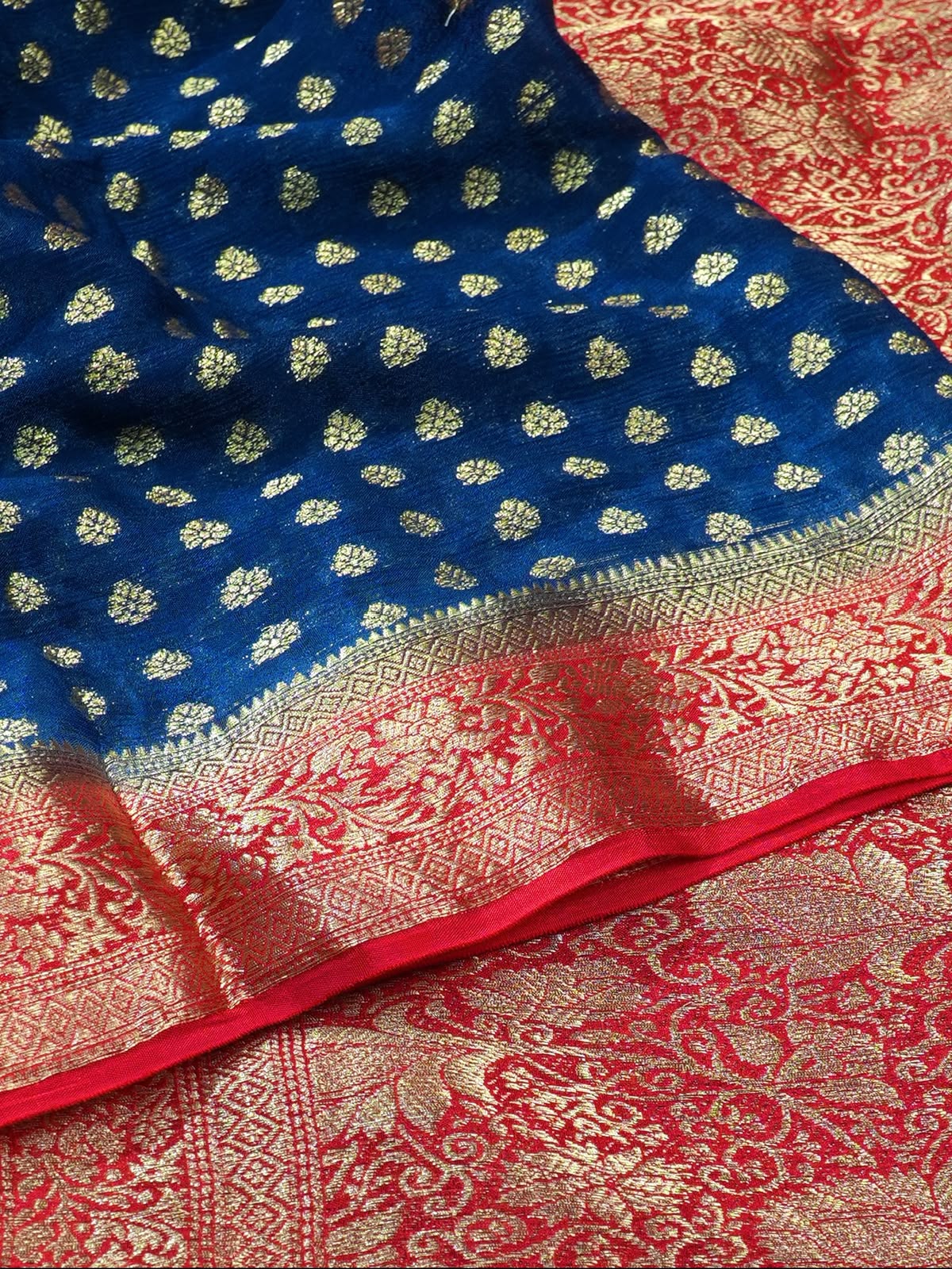 UTSAV Banaras 424C: Navy Blue Premium Mysore silk saree with Khaddi buti & Traditional Contrast Banarasi Border