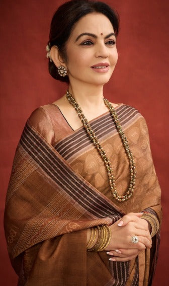 UTSAV BANARAS 480: Rust Orange Ram Sila Tussar Silk Saree – Sacred Bandha Ikat Masterpiece Inspired by Nita M. Ambani