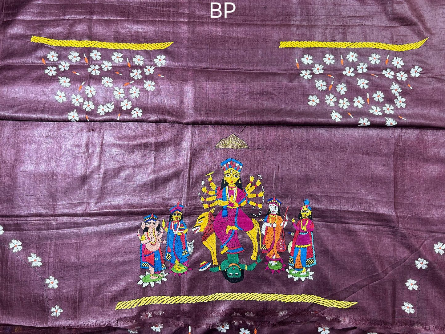 "Mukh- Nirmalika" Brown Pure Silk Hand Kantha Work Saree