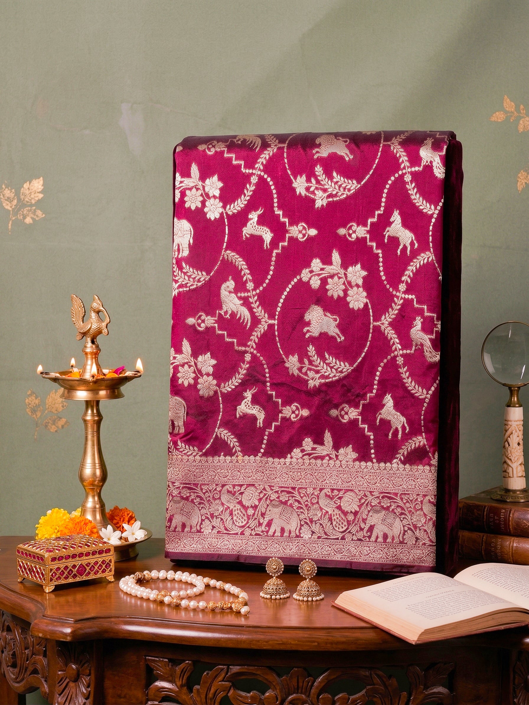WAAH BANARAS 144: Deep Wine Katan Silk Saree with Zari Jaal Animal Motif