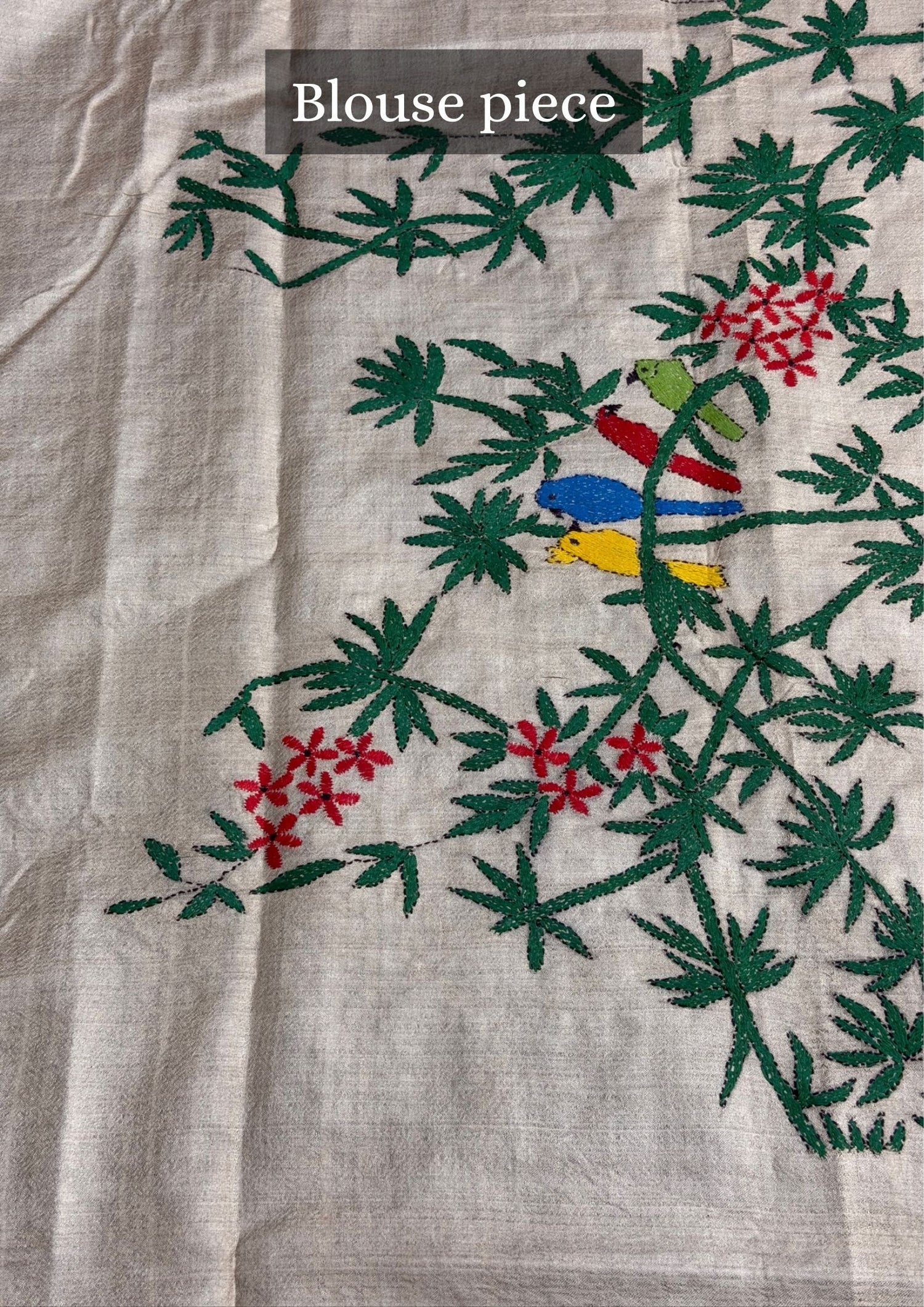 VIRASAT 363: Classic Beige Pure Tussar Silk Saree with Floral Vine Cross Stitch Work | Silk Mark Certified