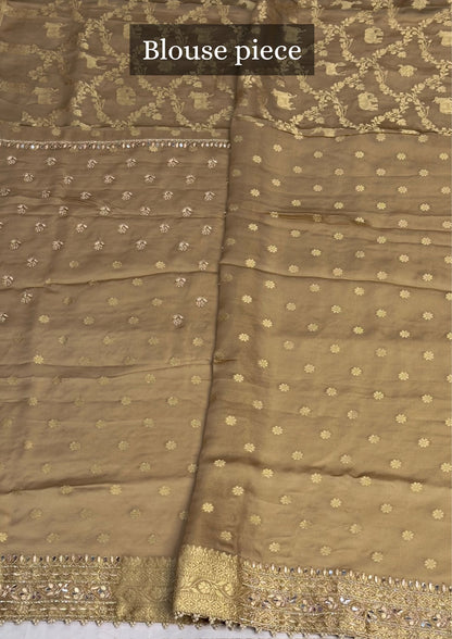 VIRASAT 376: Royal Beige Satin Silk Saree with Jangla Animal Zari Jaal &amp; Hand Zardozi Gota Patti Work