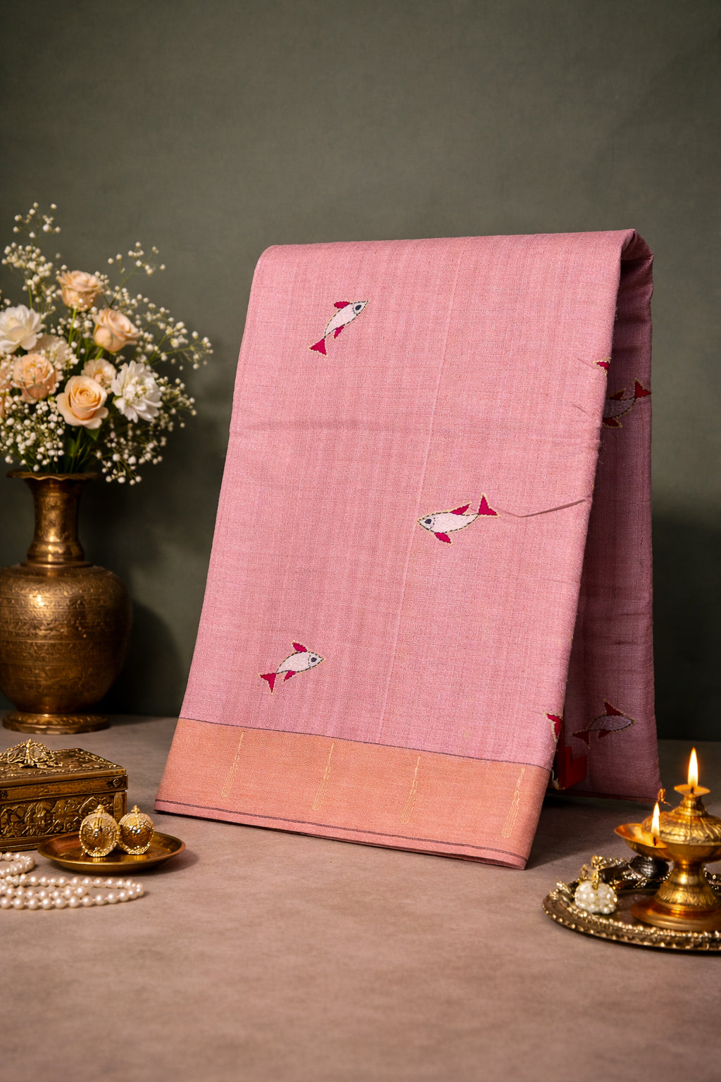 Founder Choice 057: Light Blush Pink Pure Handloom Tussar Silk Saree with Paithani Work