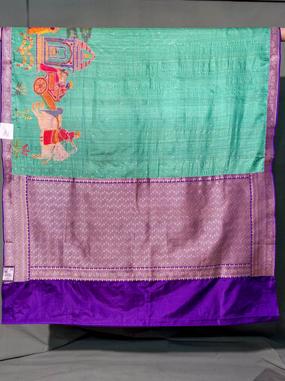 Founder Choice 056: Jungle Green Pure Handloom Tussar Silk Saree with Hand Painted Art