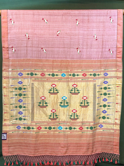 Founder Choice 057: Light Blush Pink Pure Handloom Tussar Silk Saree with Paithani Work