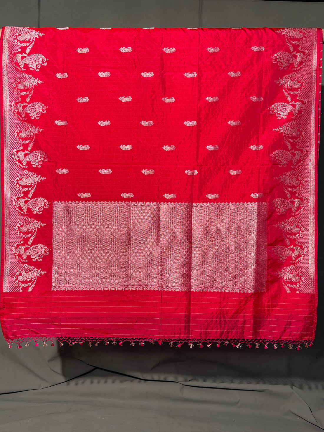WAAH BANARAS 102: Crimson Pink Semi Katan Silk Saree with Classic Zari Motifs