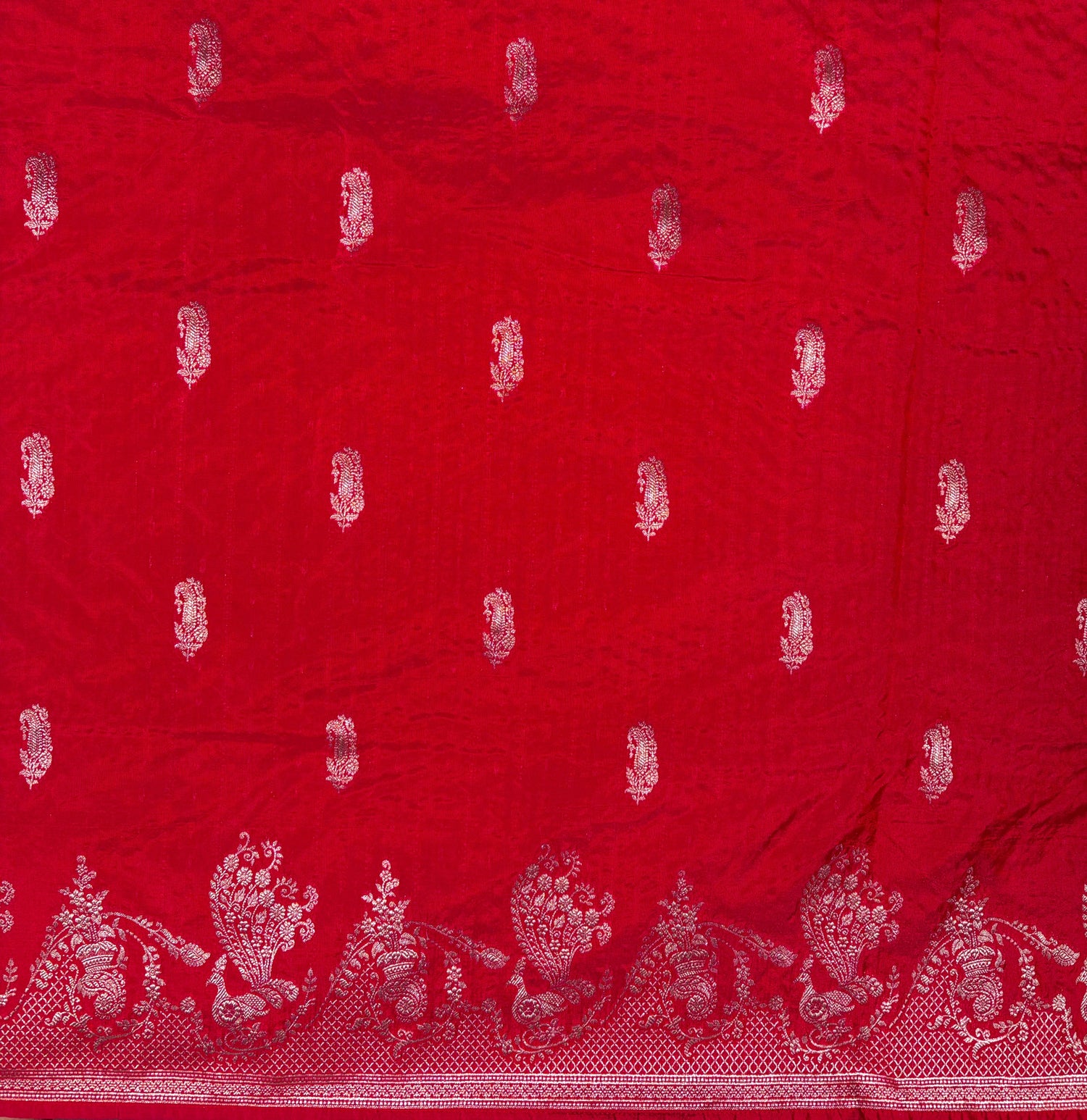 WAAH BANARAS 102: Crimson Pink Semi Katan Silk Saree with Classic Zari Motifs