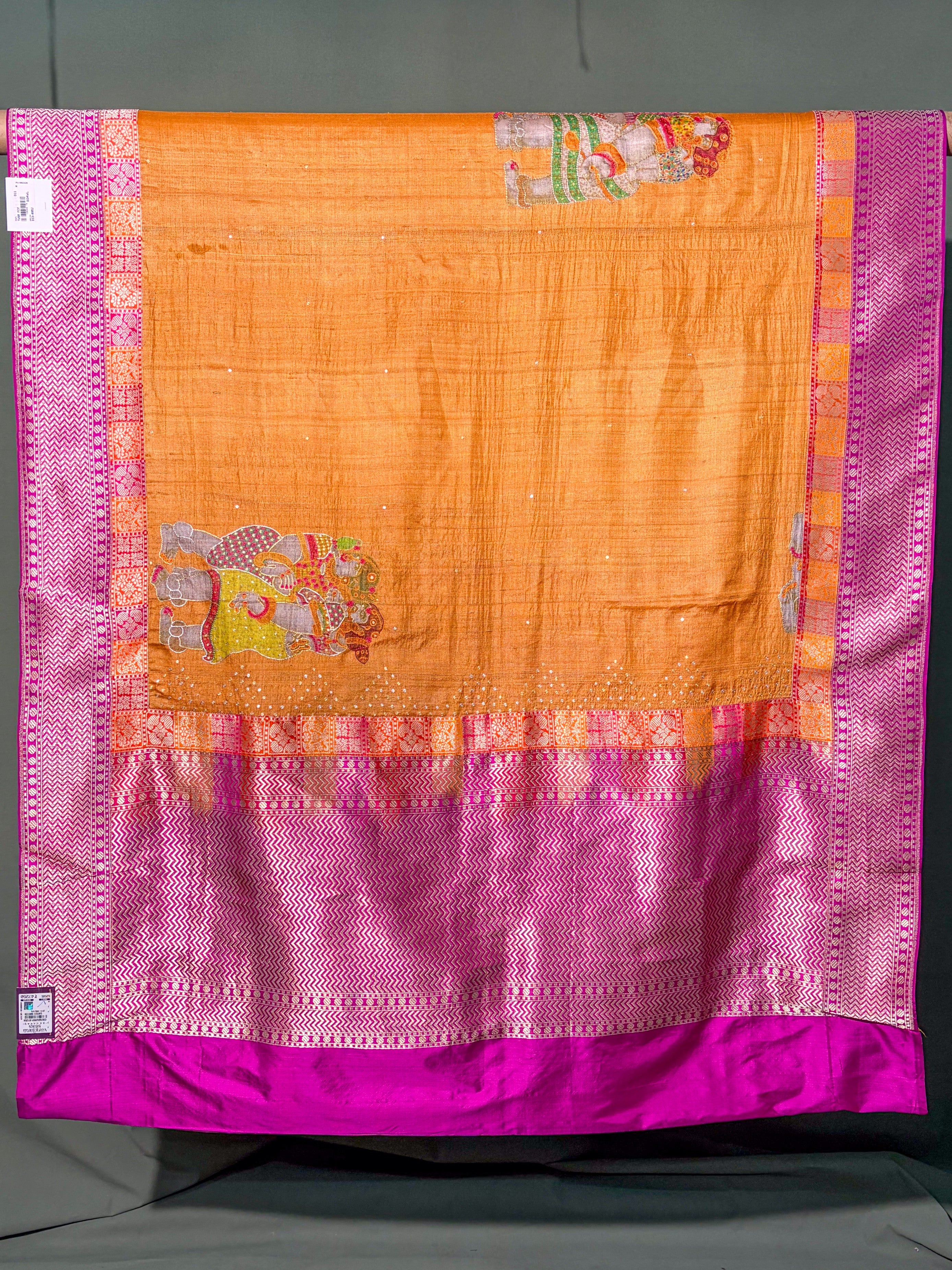 Founder Choice 055: Honey Orange Pure Handloom Tussar Silk Saree With Hand Painted Work And Contrast Border