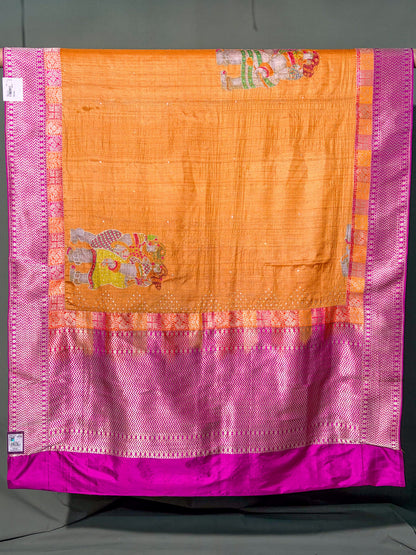 Founder Choice 055: Honey Orange Pure Handloom Tussar Silk Saree With Hand Painted Work And Contrast Border