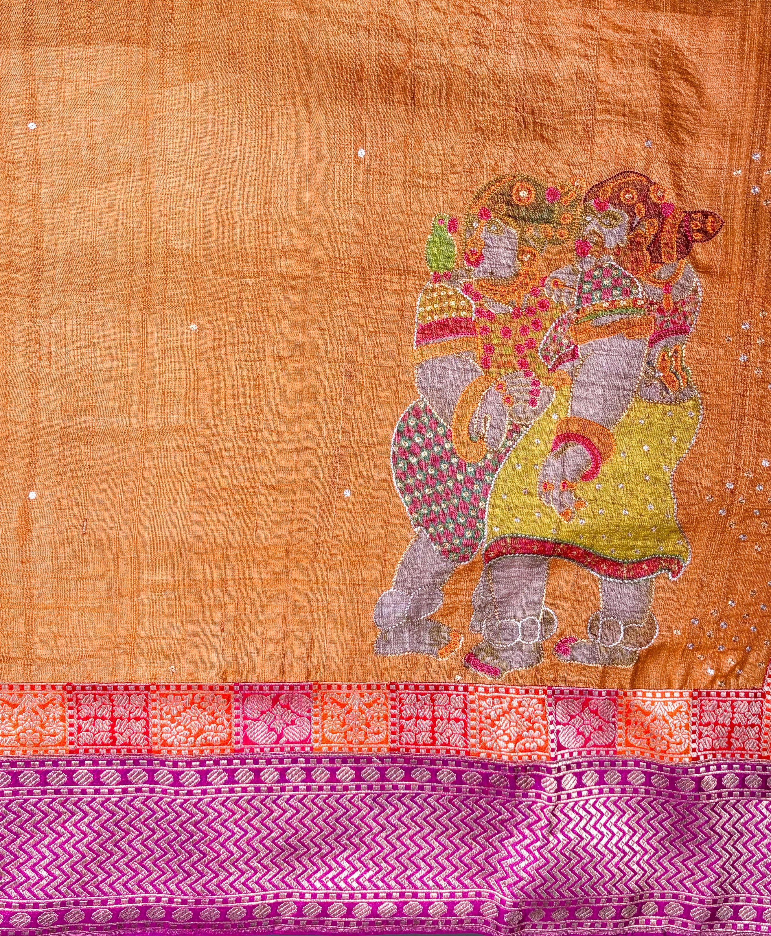 Founder Choice 055: Honey Orange Pure Handloom Tussar Silk Saree With Hand Painted Work And Contrast Border